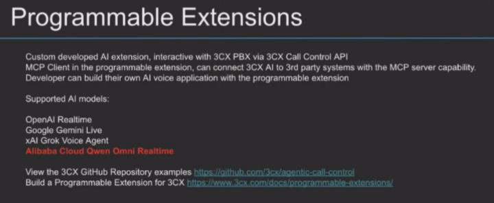 3CX V20 Update 10 Programmable Extensions — 지원 실시간 AI 모델 목록